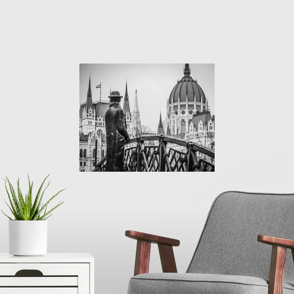 A modern room featuring Hungary, Budapest, Bohemia, Danube, Danube valley, The Imre Nagy statue standing on his own bridg...