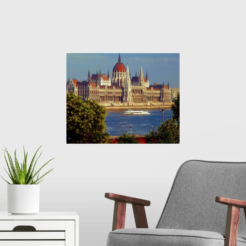 A modern room featuring Hungary, Budapest, View of the Parliament on Danube river