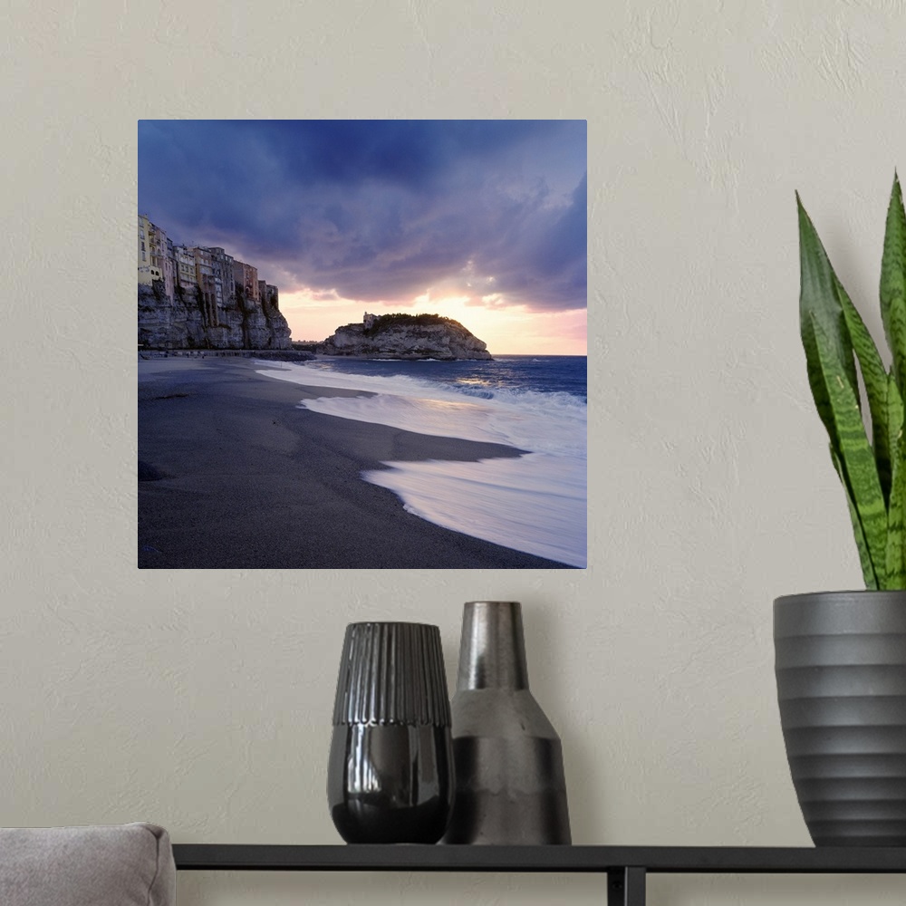 A modern room featuring Italy, Calabria, Tropea town, view towards the town and Santa Maria dell'Isola church