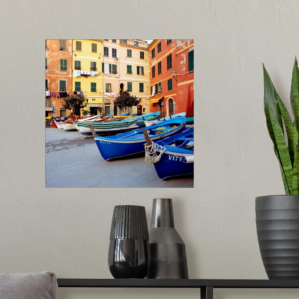 A modern room featuring Italy, Liguria, Cinque Terre, Vernazza, fishing boats