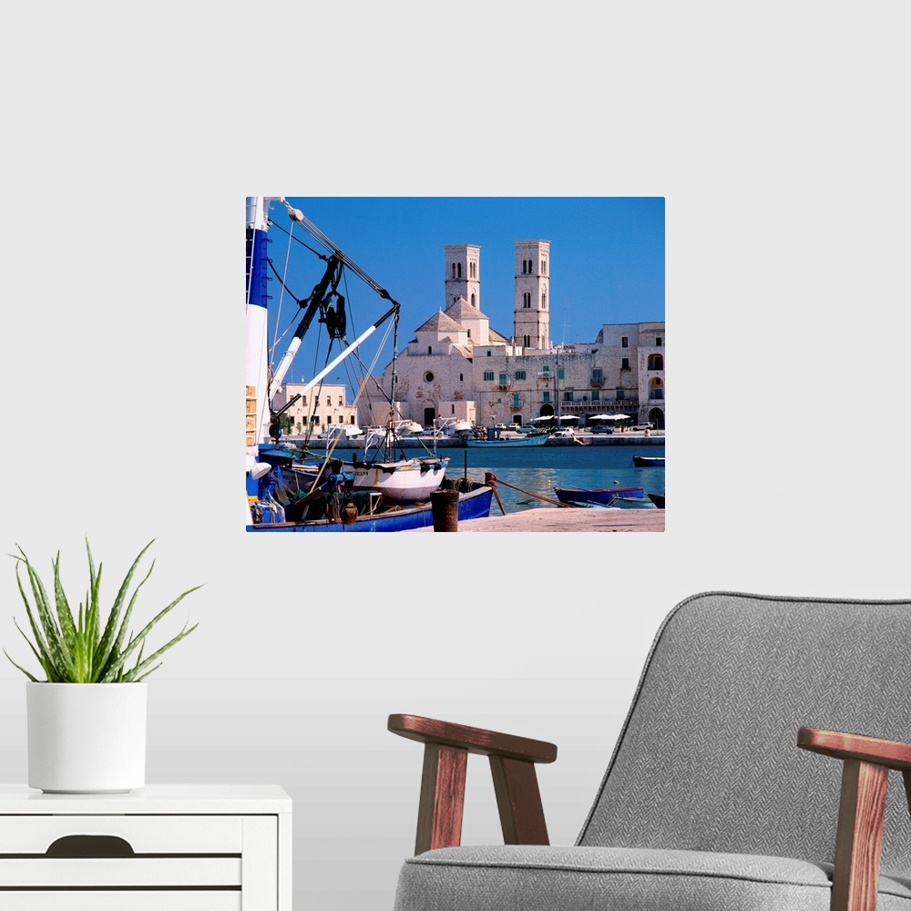 A modern room featuring Italy, Puglia, Molfetta, Port and the old cathedral of Saint Corrado in Molfetta town