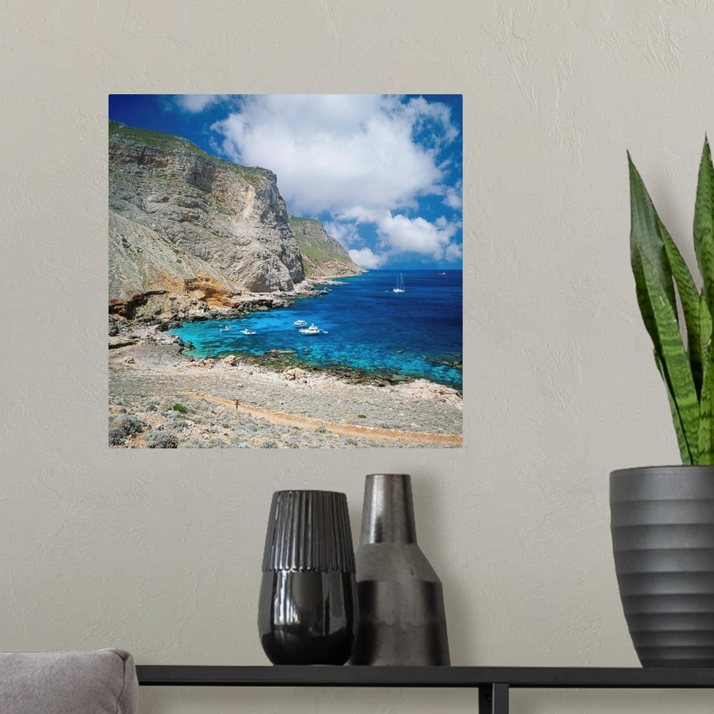 A modern room featuring Italy, Sicily, Marettimo Island, beach along north cliff