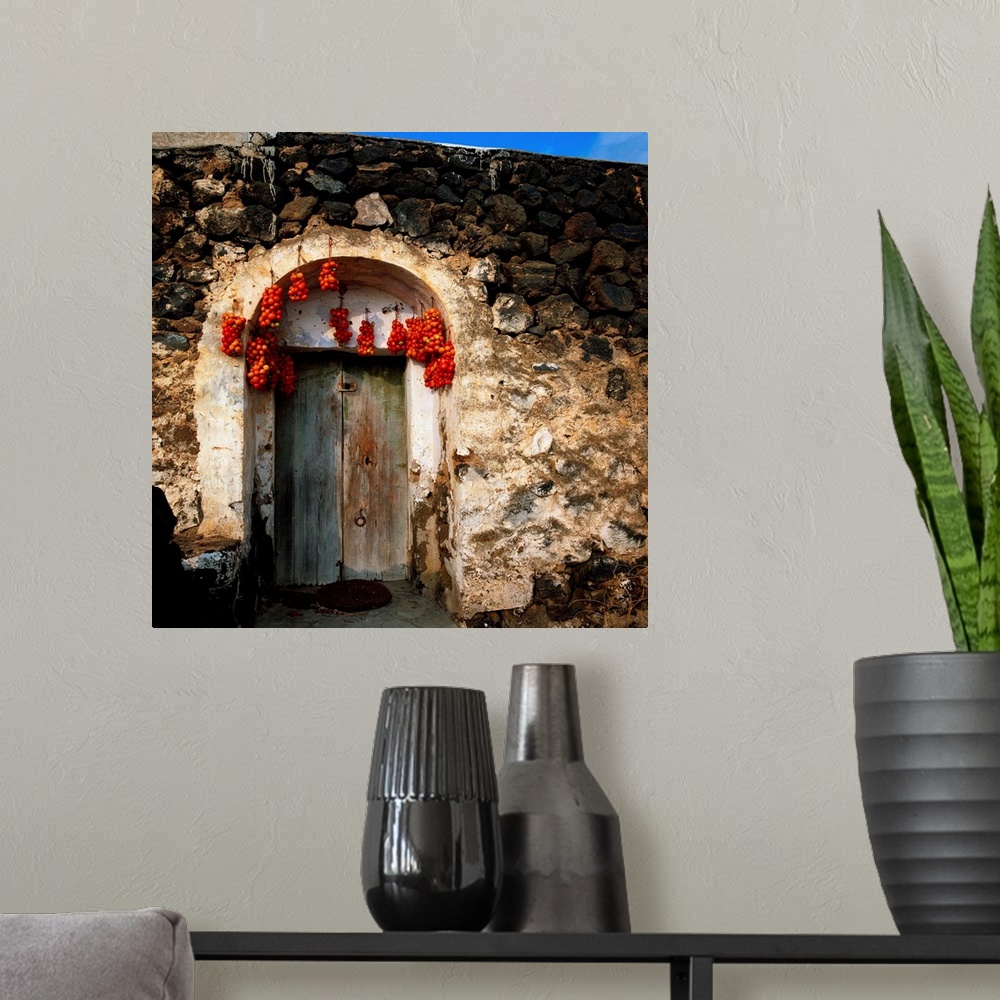 A modern room featuring Italy, Sicily, Pantelleria Island, typical door with hanging drying tomatoes