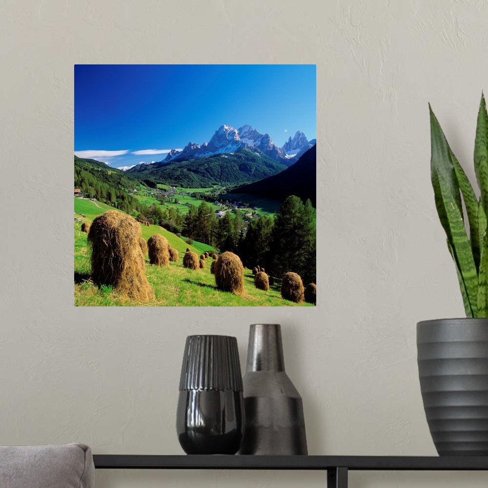 A modern room featuring Italy, South Tyrol, Haystacks in Sesto towards Dolomites of Sesto