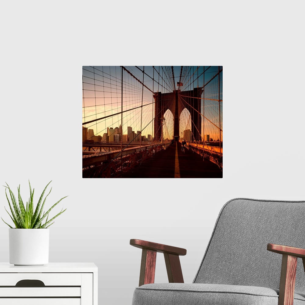 A modern room featuring New York City, Manhattan, Brooklyn bridge