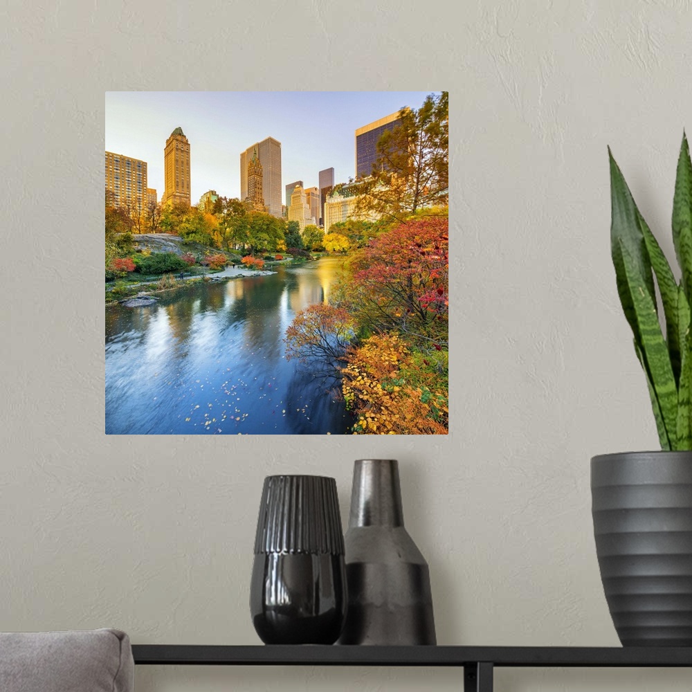 A modern room featuring USA, New York City, Manhattan, Central Park, The Pond, Fifth Avenue skyline in the background.