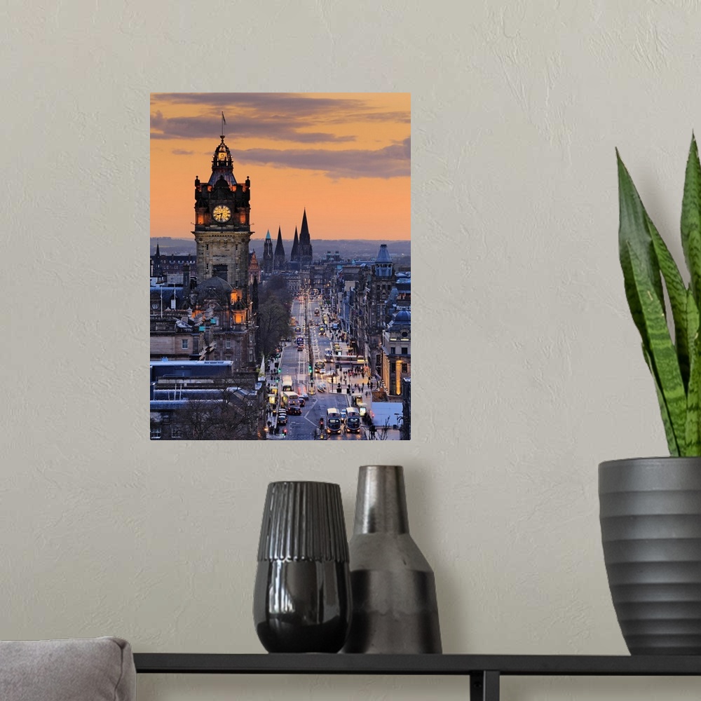 A modern room featuring UK, Scotland, Great Britain, Edinburgh, Prince's Street and the Balmoral Hotel clocktower, view f...