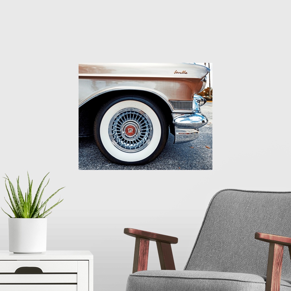 A modern room featuring Side view of a 1950's Cadillac Seville.