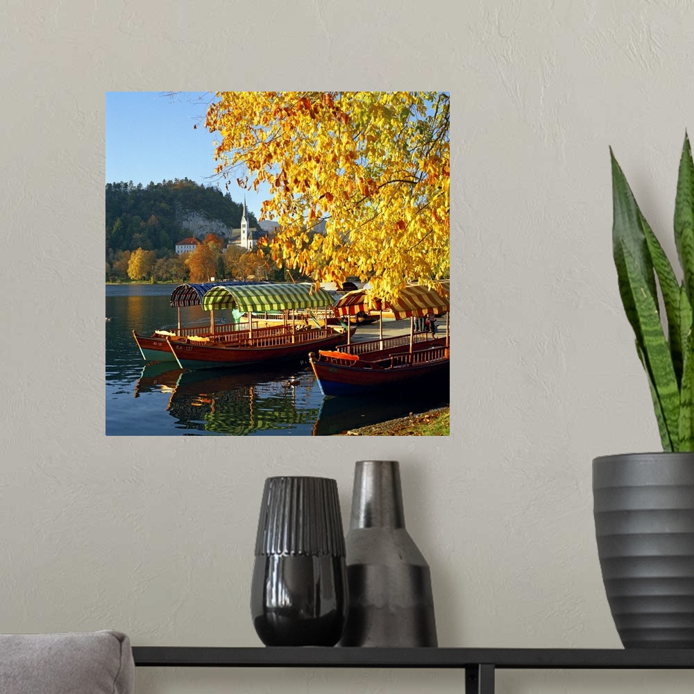 A modern room featuring Slovenia, Upper Carniola, Alps, Julian Alps, Bled, Bled lake, typical boats