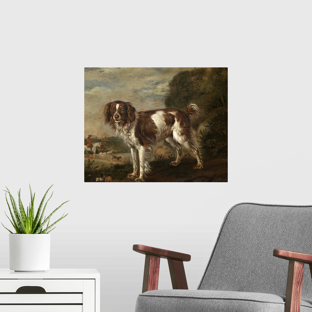 A modern room featuring A Spaniel, by Paulus Potter, 1653, Dutch painting, oil on panel. A landscape with a partridge dog...