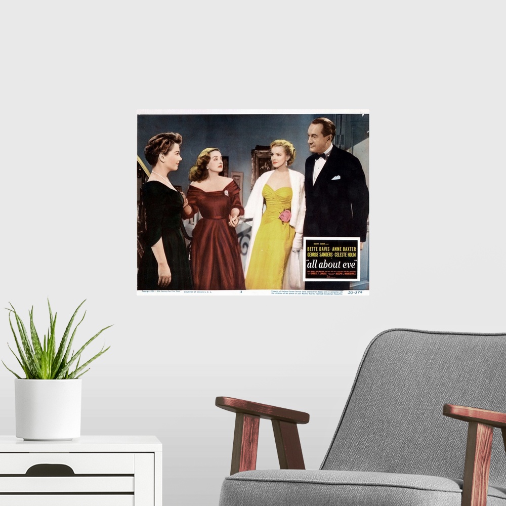 A modern room featuring All About Eve, US Lobbycard, From Left: Anne Baxter, Bette Davis, Marilyn Monroe, George Sanders,...