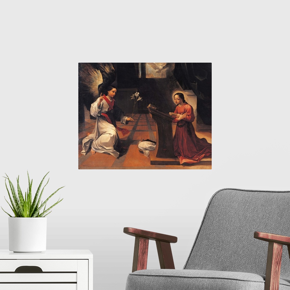 A modern room featuring Annunciation, by Ludovico Carracci, 1585 about, 16th Century, oil on canvas, cm 182,5 x 221 - Ita...