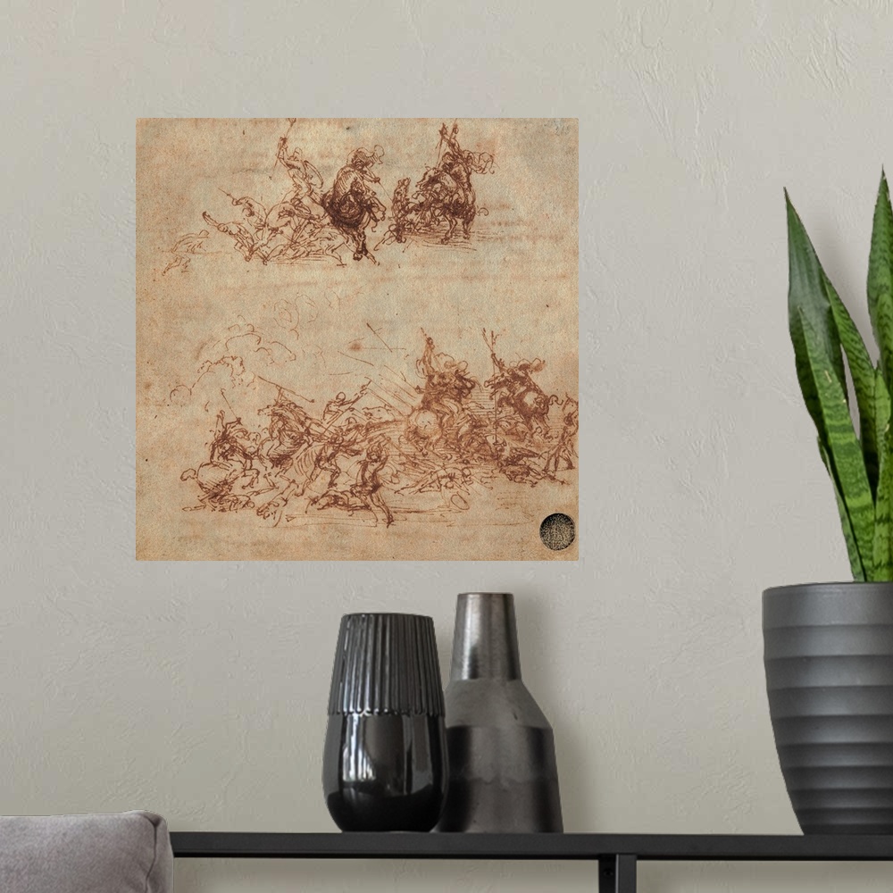 A modern room featuring Leonardo da Vinci, Study for the Battle of Anghiari: Fight between Foot Soldiers and Riders (Two ...