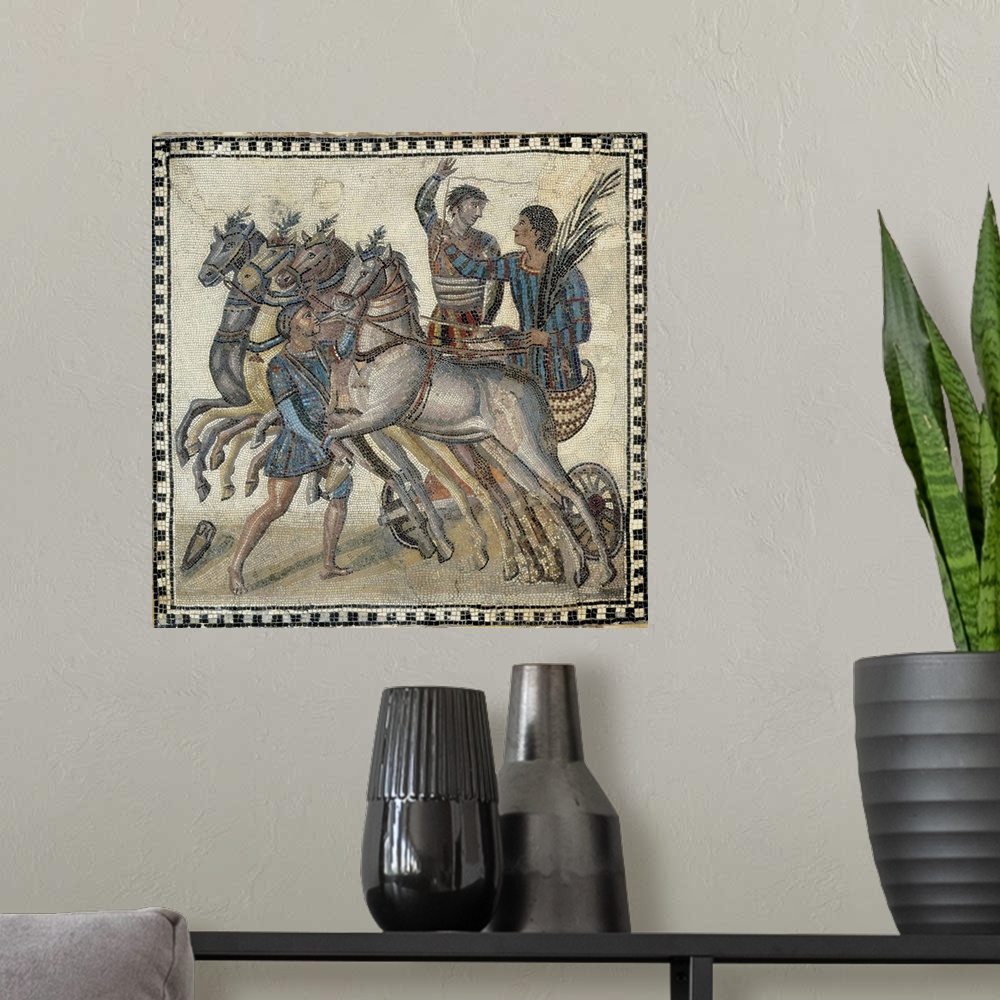 A modern room featuring Chariot Race, Roman mosaic