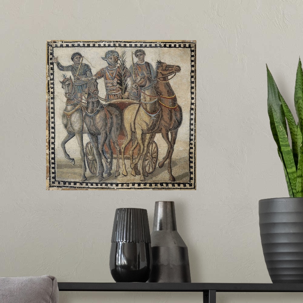 A modern room featuring Chariot Race, Roman mosaic