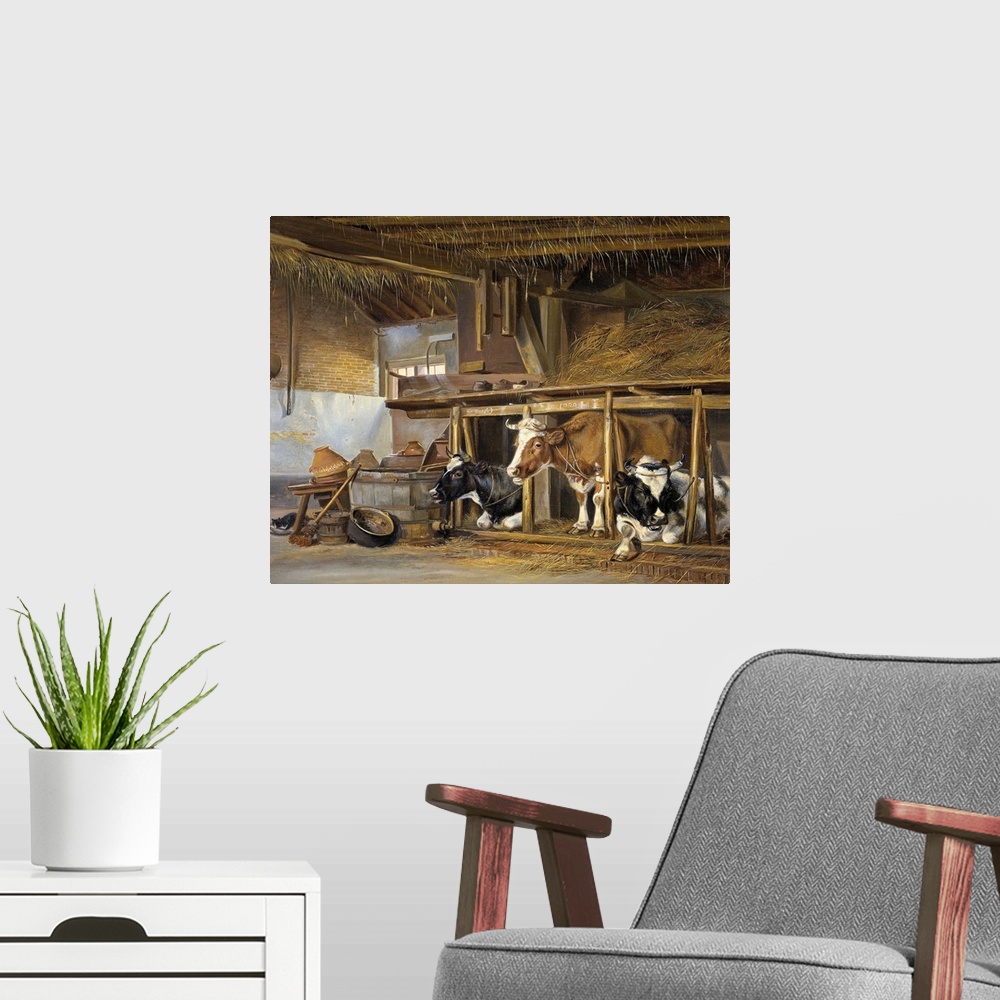 A modern room featuring Cows in a Stable, by Jan van Ravenswaay, 1820, Dutch painting, oil on canvas. Barn interior with ...