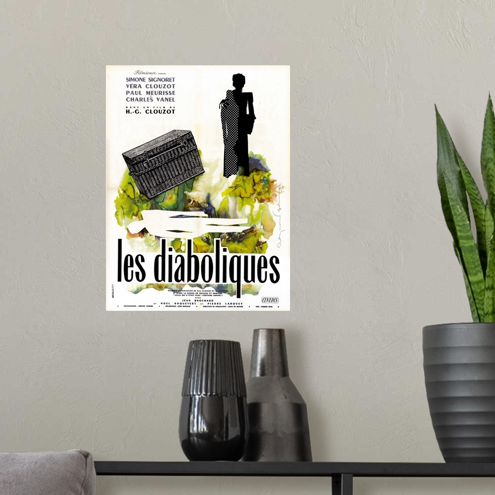 A modern room featuring Diabolique, (aka Les Diaboliques), French Poster Art, 1955.