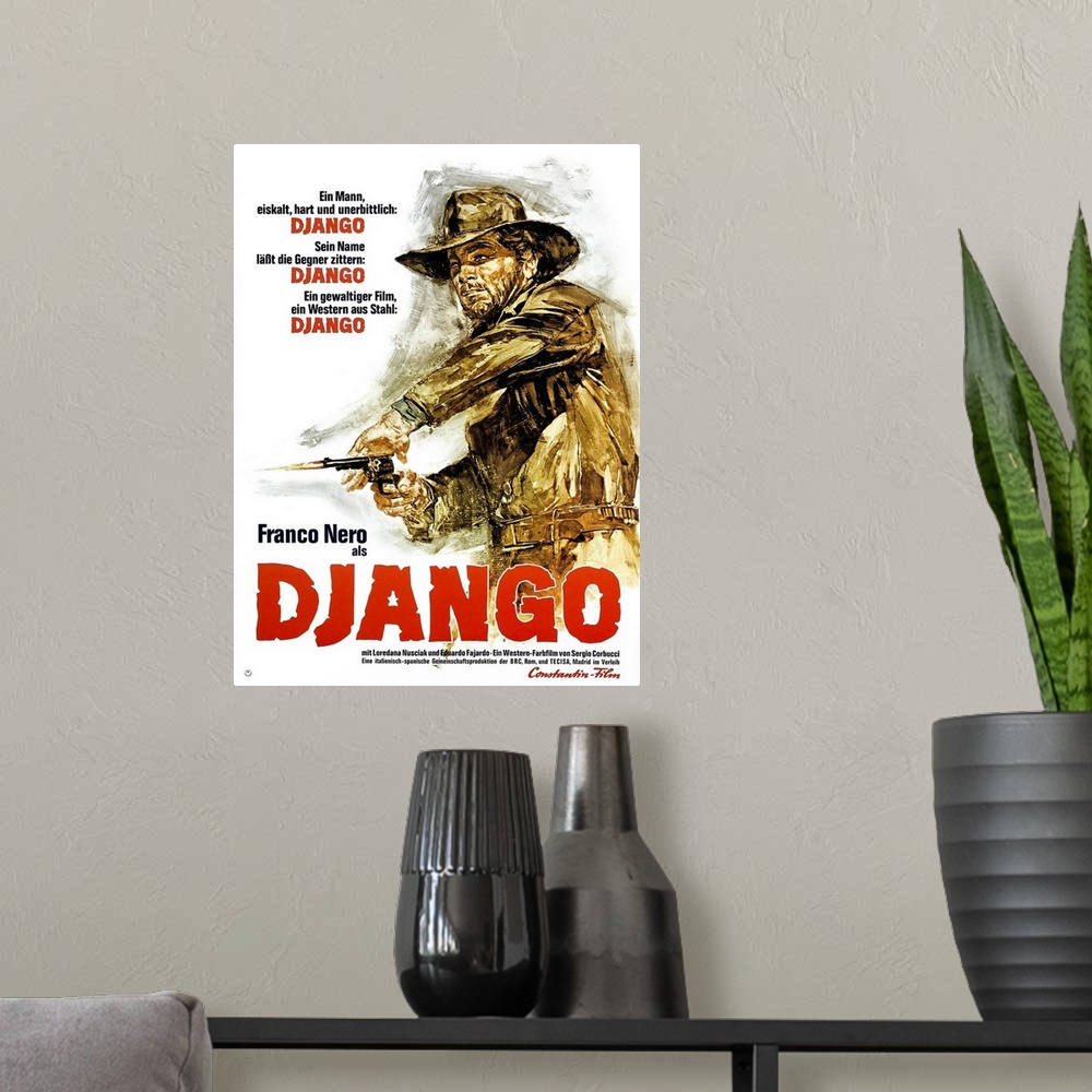 A modern room featuring Django, German Poster Art, Franco Nero, 1966.
