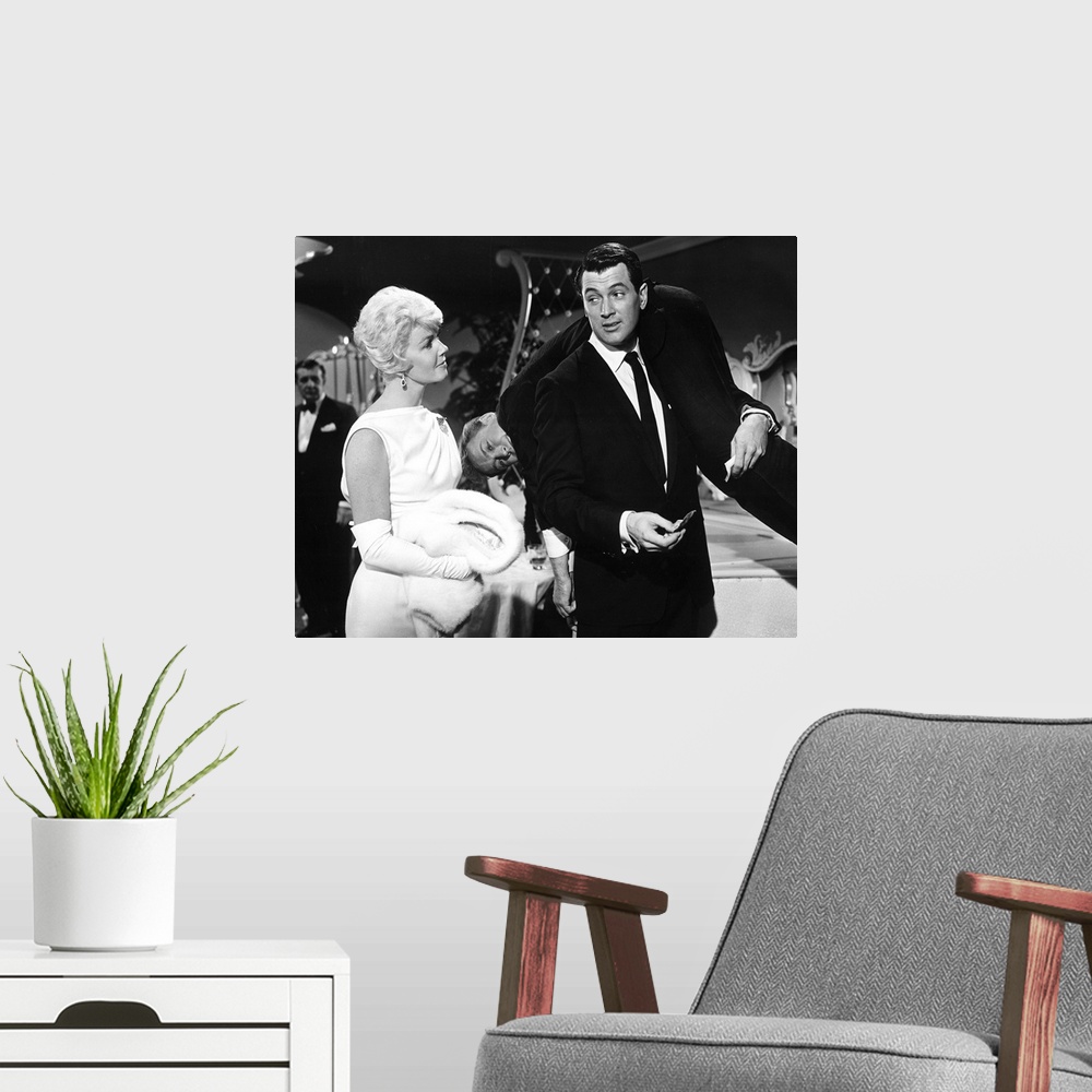 A modern room featuring Doris Day, Nick Adams, Rock Hudson, Pillow Talk