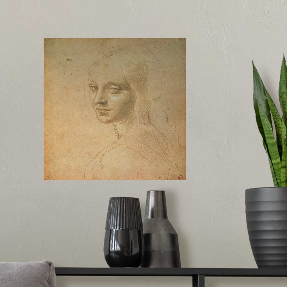 A modern room featuring Portrait of a Girl, by Leonardo da Vinci, 15th Century, 1483 -1484 about, metal point (probably g...