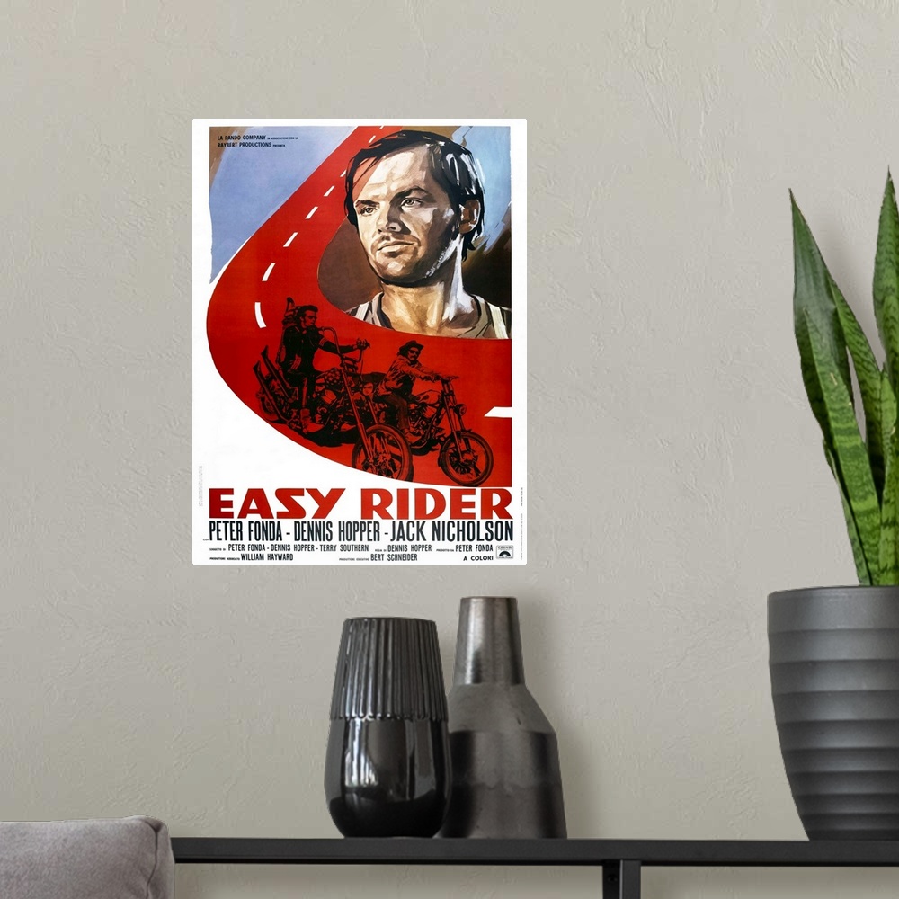 A modern room featuring Easy Rider, Italian Poster Art, From Top: Jack Nicholson, Peter Fonda, Dennis Hopper, 1969.