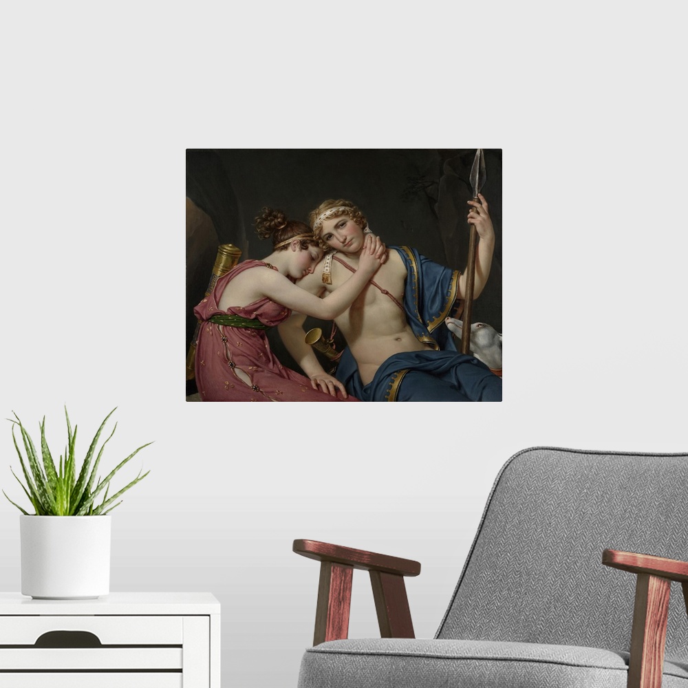 A modern room featuring Farewell of Telemachus and Eucharis, by Jacques-Louis David, 1818, French painting, oil on canvas...