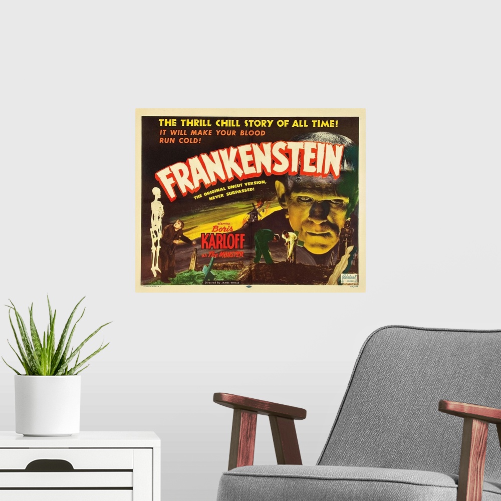A modern room featuring Frankenstein, L-R: Dwight Frye, Dwight Frye, Colin Clive, Boris Karloff On 1951 Re-Release Title ...