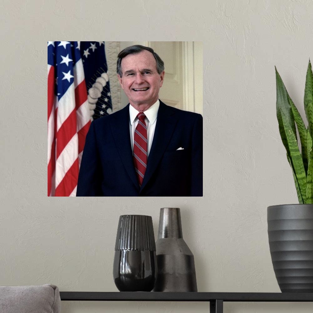 A modern room featuring George H. W. Bush, Official White House Portrait. 1989.