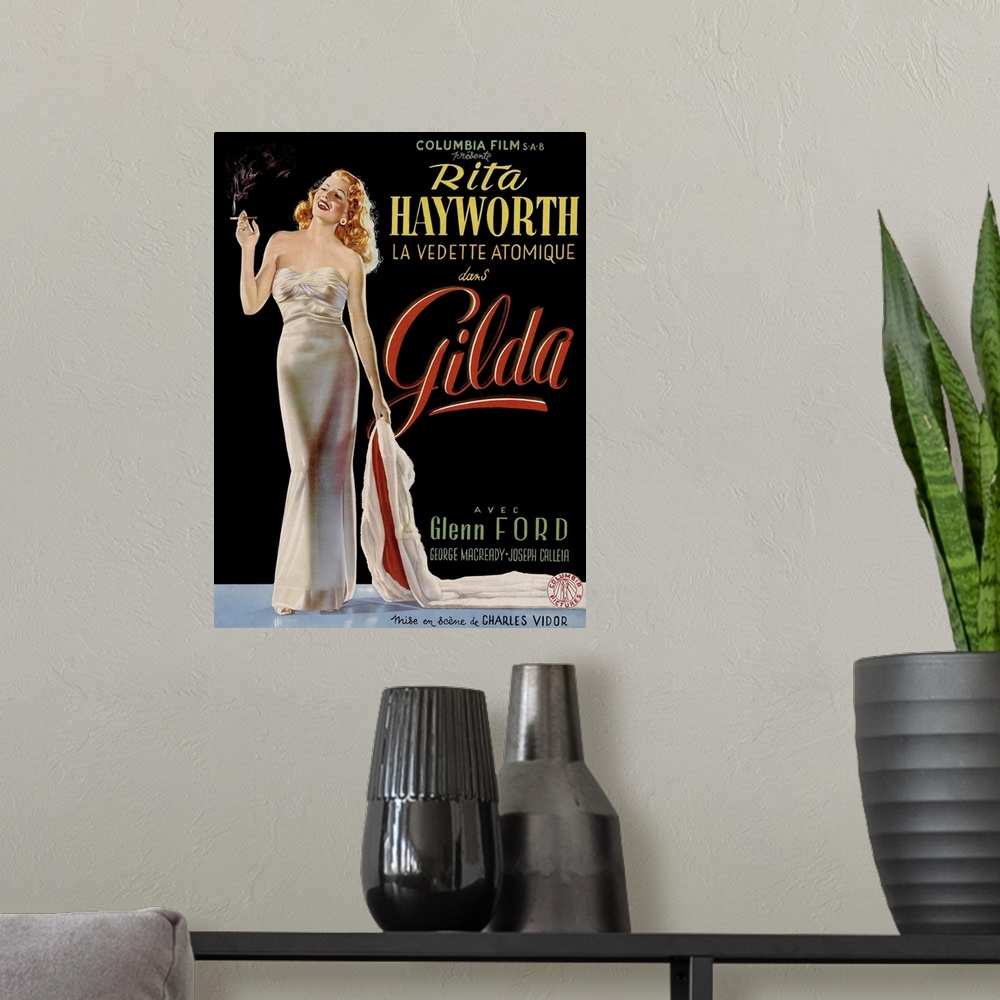 A modern room featuring Gilda, Belgian Poster, Rita Hayworth, 1946.
