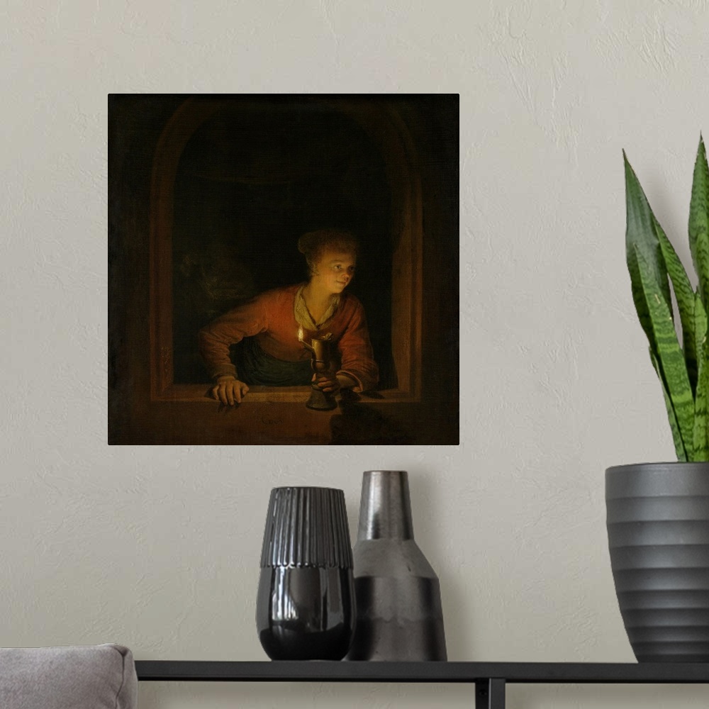 A modern room featuring Girl with an Oil Lamp at a Window, by Gerard Dou, 1645-75, Dutch painting, oil on panel. Young wo...