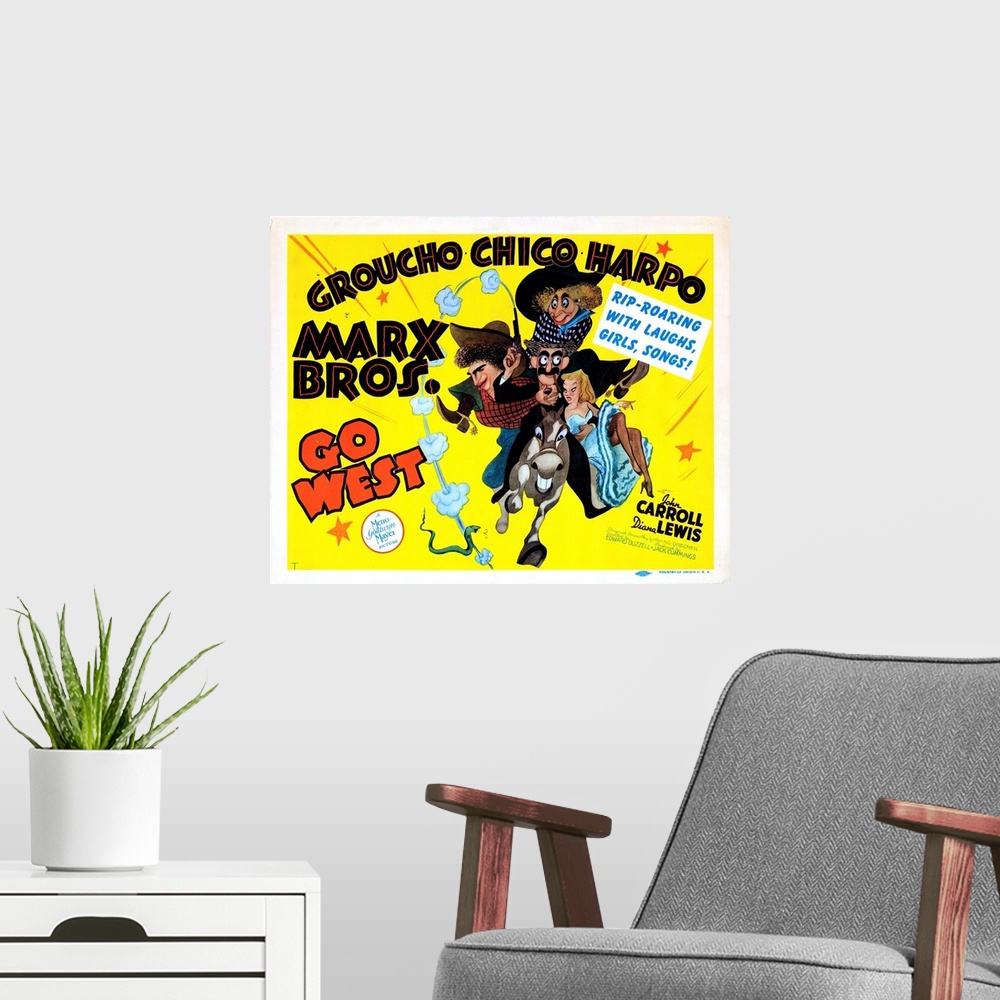 A modern room featuring Go West, US Poster, Chico Marx, Groucho Marx, Harpo Marx (The Marx Brothers), 1940.