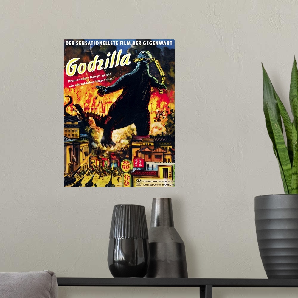 A modern room featuring Godzilla, (AKA Gojira), Godzilla On German Poster Art, 1954.