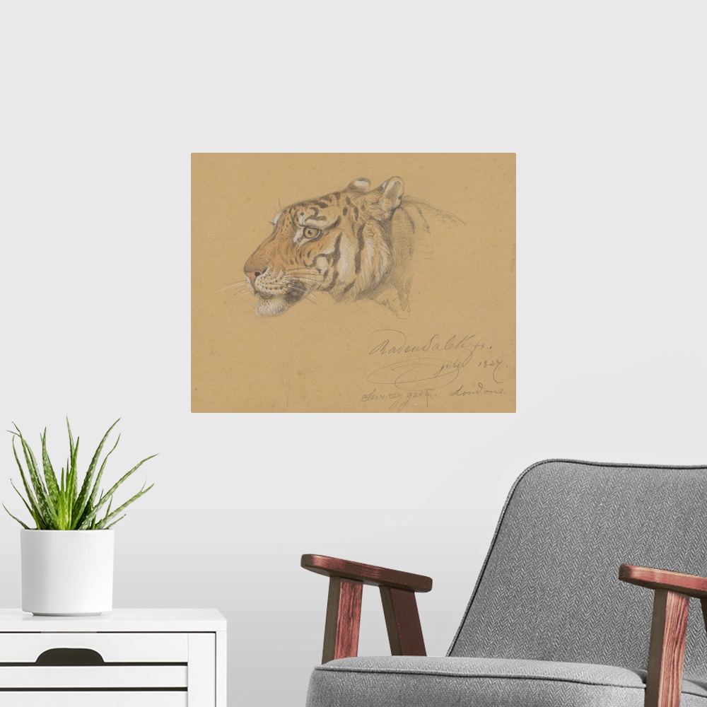A modern room featuring Head of a Tiger, by Raden Saleh, 1847, Indonesian water color painting.