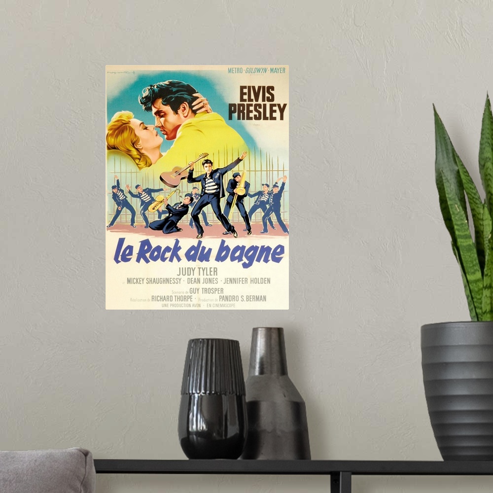 A modern room featuring Jailhouse Rock, Judy Tyler, Elvis Presley Featured On French Poster Art, 1957.
