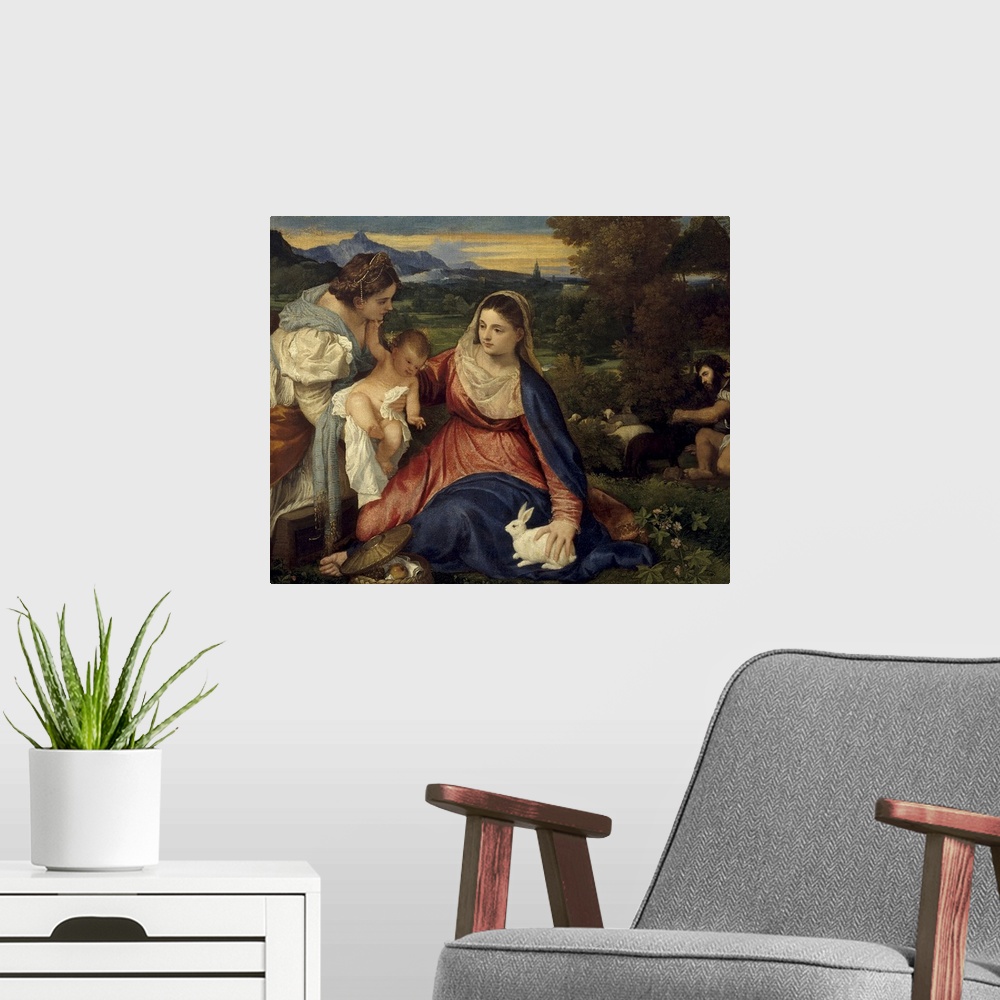 A modern room featuring 4206, Titian, Italian School. Madonna and Child with St. Catherine, also known as The Virgin with...