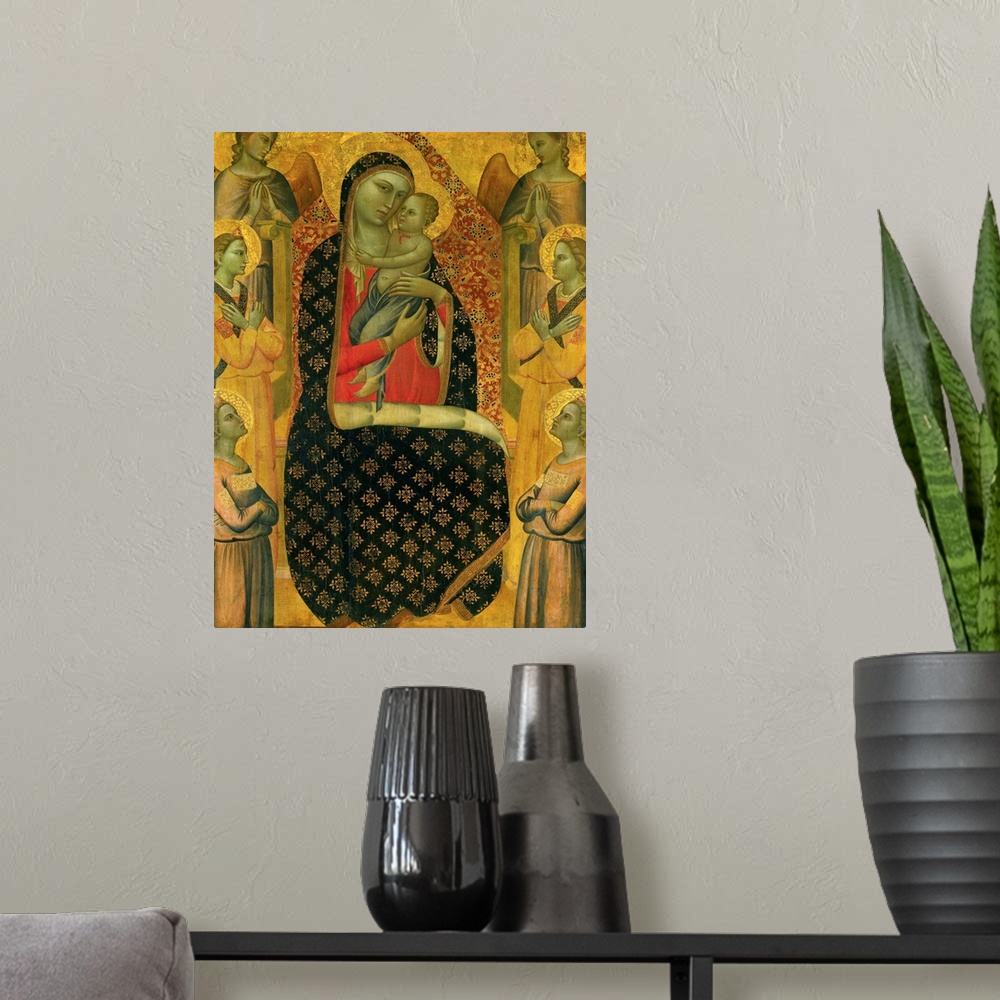A modern room featuring Allegretto Nuzi, Italian School. Madonna in Majesty enthroned with six angels. Oil on wood, 1.38 ...