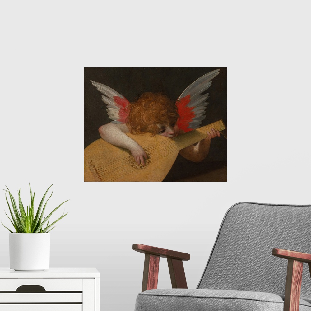 A modern room featuring Musician Angel (Angelo musicante), by Rosso Fiorentino, 1521, 16th Century, oil on board
