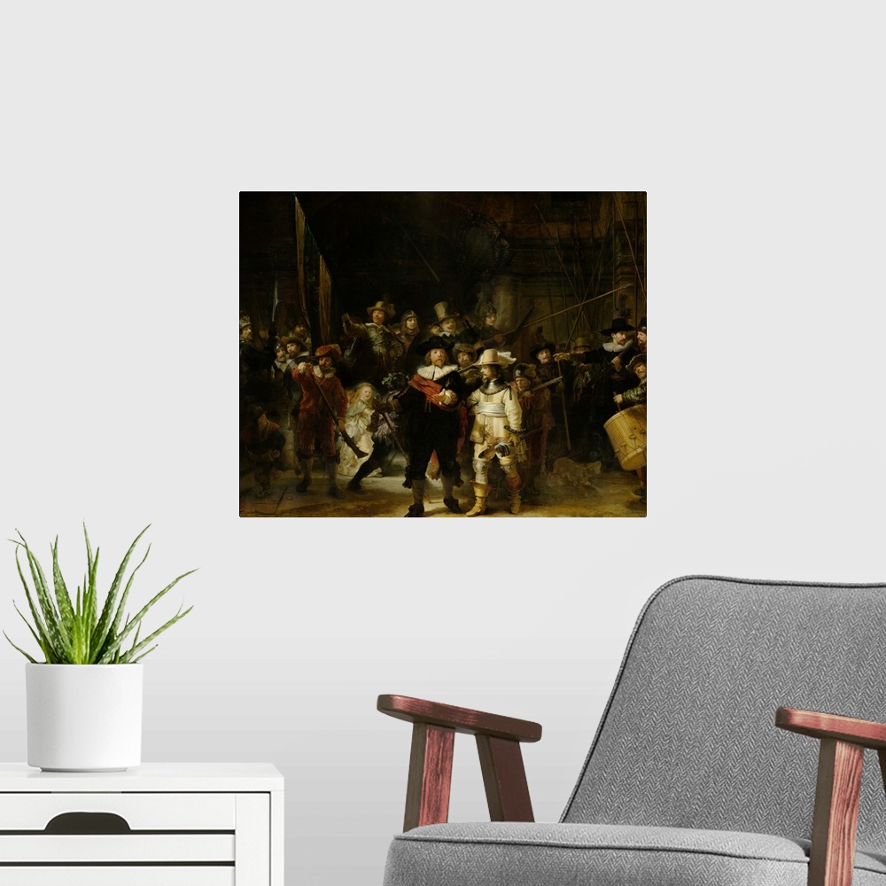 A modern room featuring Night Watch, by Rembrandt van Rijn, 1642, Dutch painting, oil on canvas. The painting, originally...