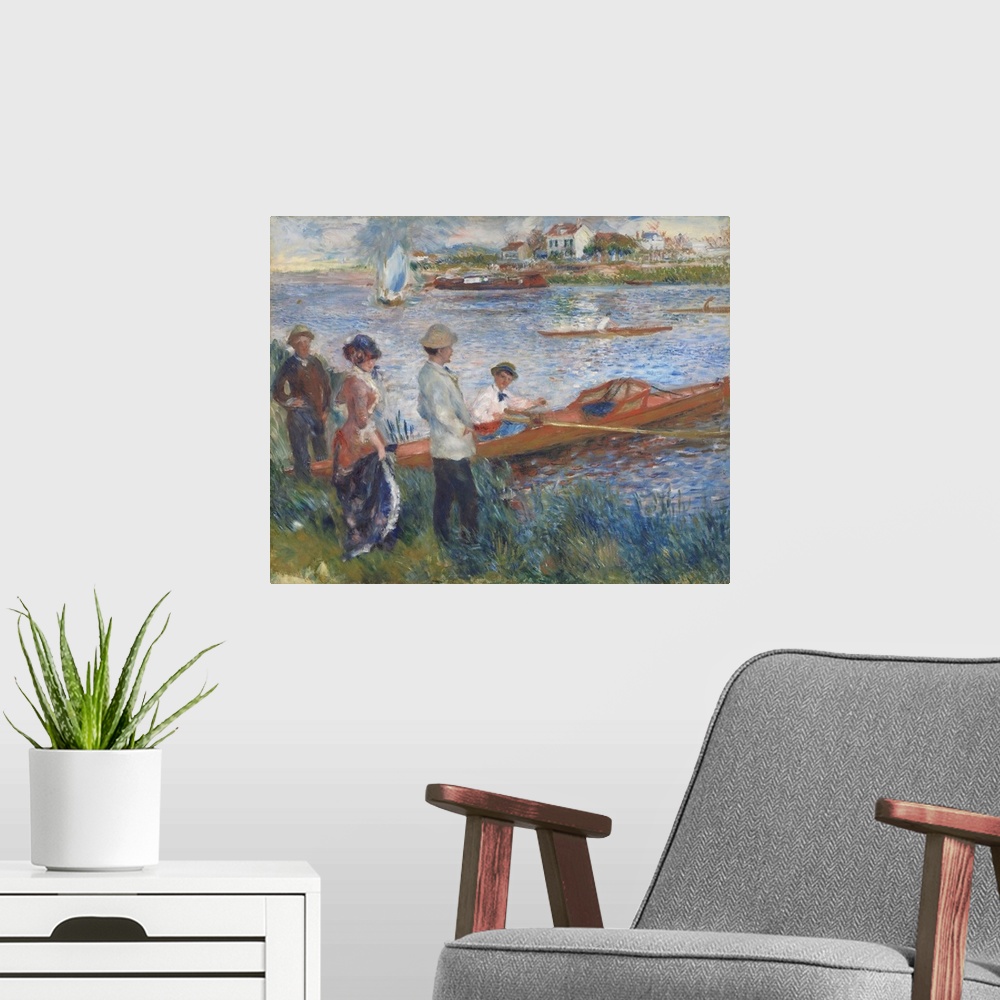 A modern room featuring Oarsmen at Chatou, by Auguste Renoir, 1879, French impressionist painting, oil on canvas. The man...