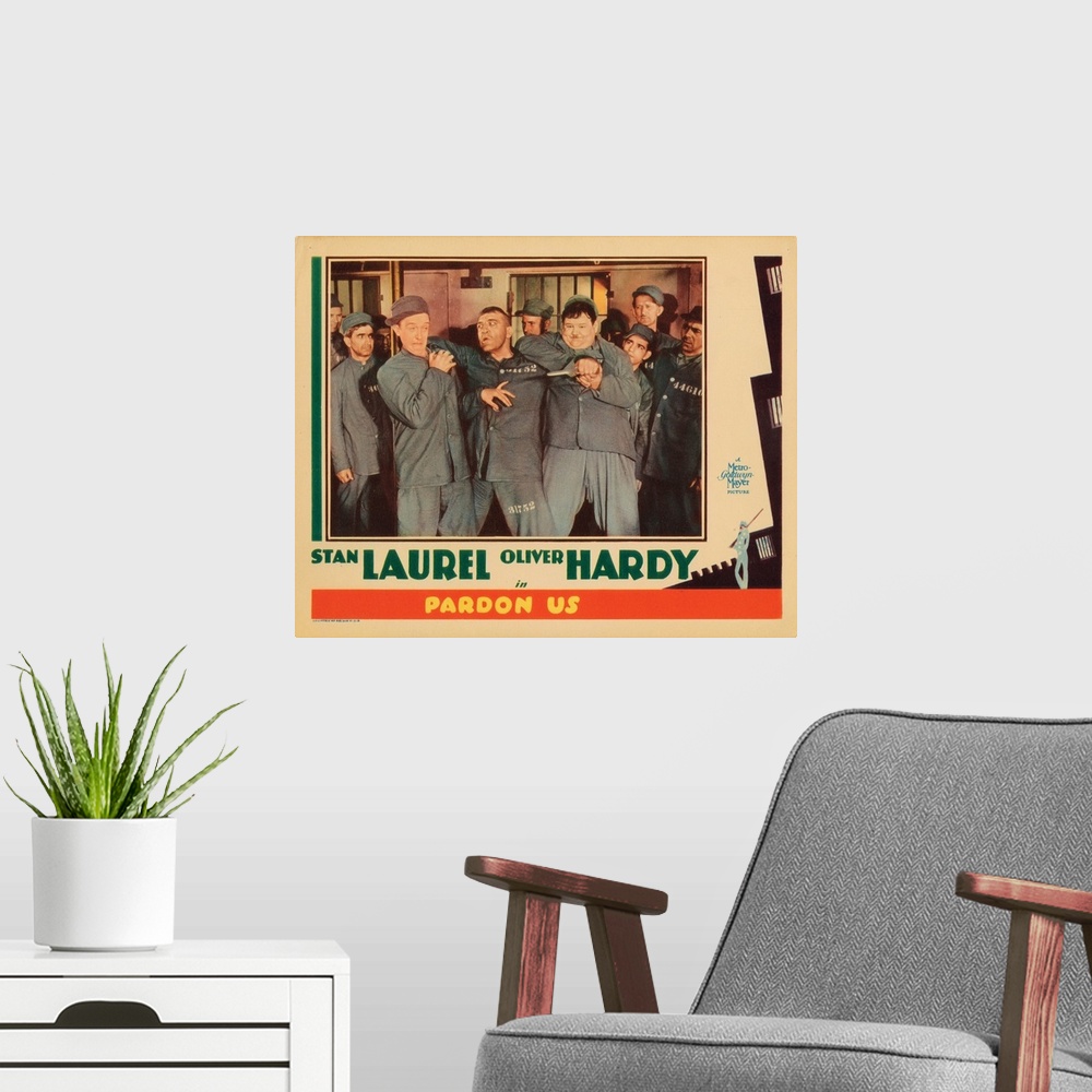 A modern room featuring Pardon Us, Lobbycard, Front, From Left: Stan Laurel, Walter Long, Oliver Hardy, 1931.