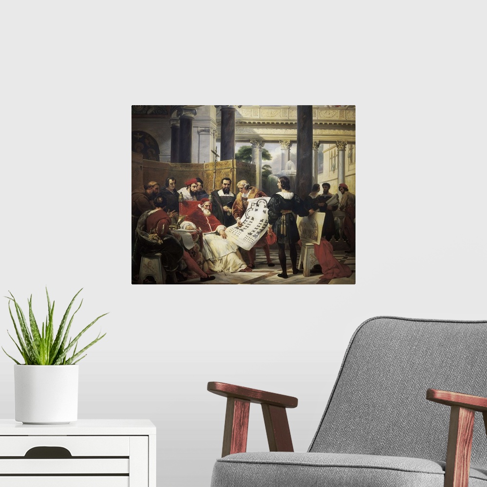 A modern room featuring Pope Julius II ordering Bramante, Michelangelo, and Raphael to construct the Vatican