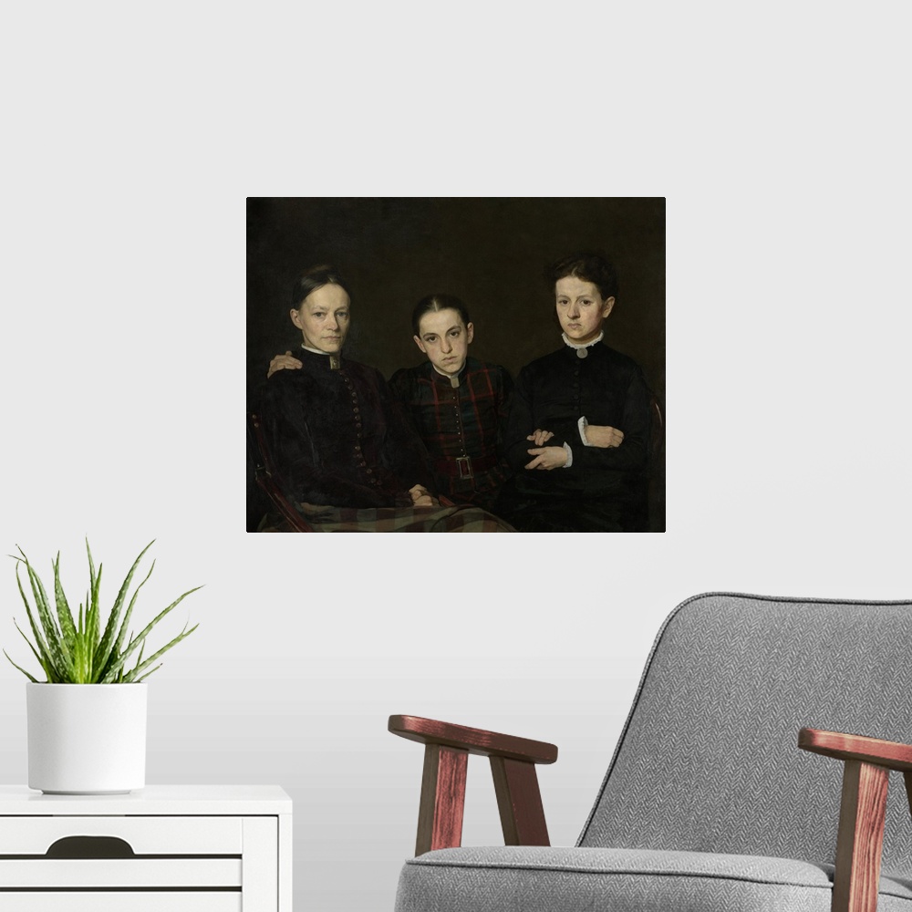 A modern room featuring Portrait of Cornelia, Clara and Johanna Veth, by Jan Veth, 1885, Dutch painting, oil on canvas. T...