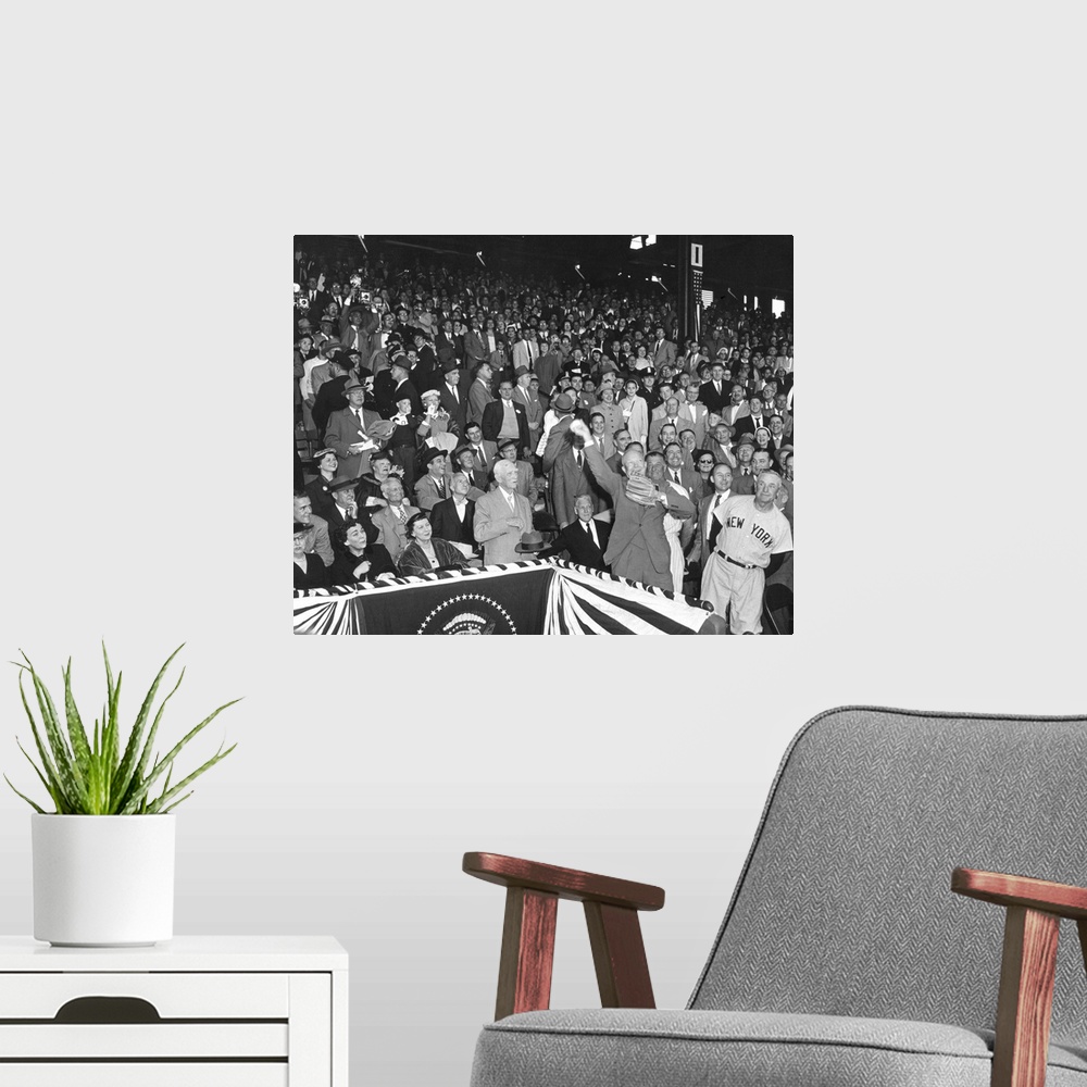 A modern room featuring President Eisenhower throwing out the first ball of the 1954 Baseball season at Griffith Stadium....