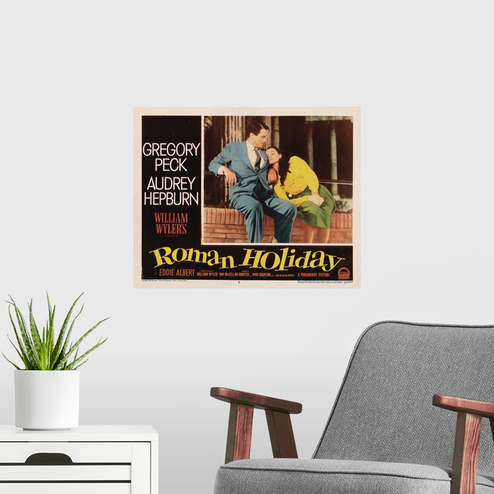 A modern room featuring Roman Holiday, Lobbycard, From Left: Gregory Peck, Audrey Hepburn, 1953.