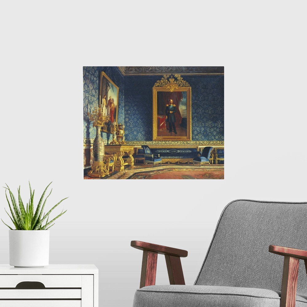 A modern room featuring Indoor Portrait of Royal Palace of Naples with a Portrait of Tsar Nicholas I (Interno del Palazzo...