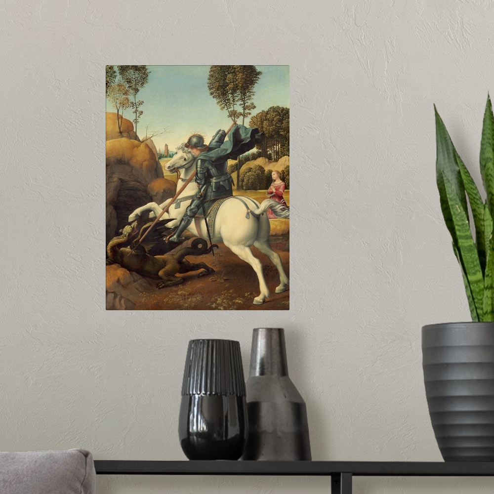 A modern room featuring Saint George and the Dragon, by Raphael, c. 1506, Italian Renaissance painting, oil on panel. Geo...