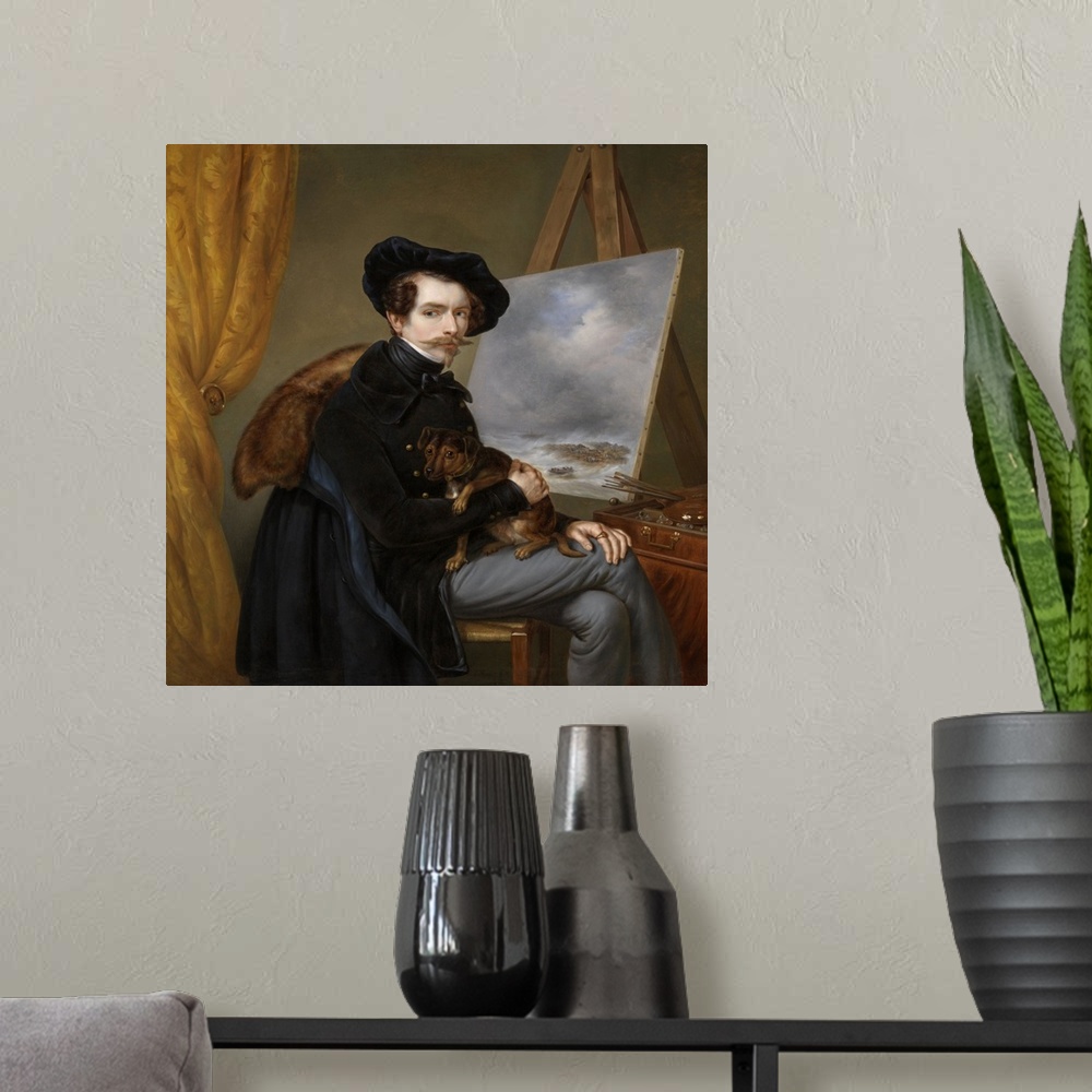 A modern room featuring Self-Portrait, by Louis Meijer, 1838, Dutch painting, oil on canvas. Wearing a black beret, the a...