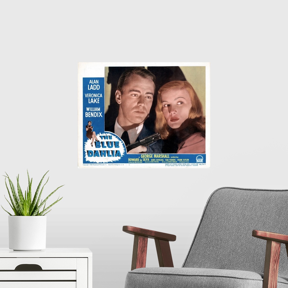 A modern room featuring The Blue Dahlia, Poster, Alan Ladd, Veronica Lake, 1946.