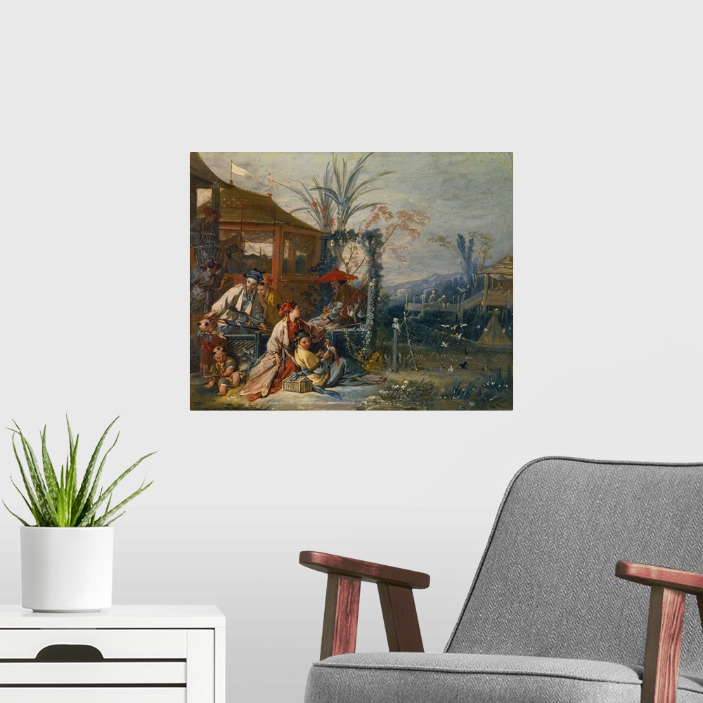 A modern room featuring Francois Boucher, French School. The Chinese Hunt. Circa 1742. Oil on canvas, 0.47 x 0.405. Besan...