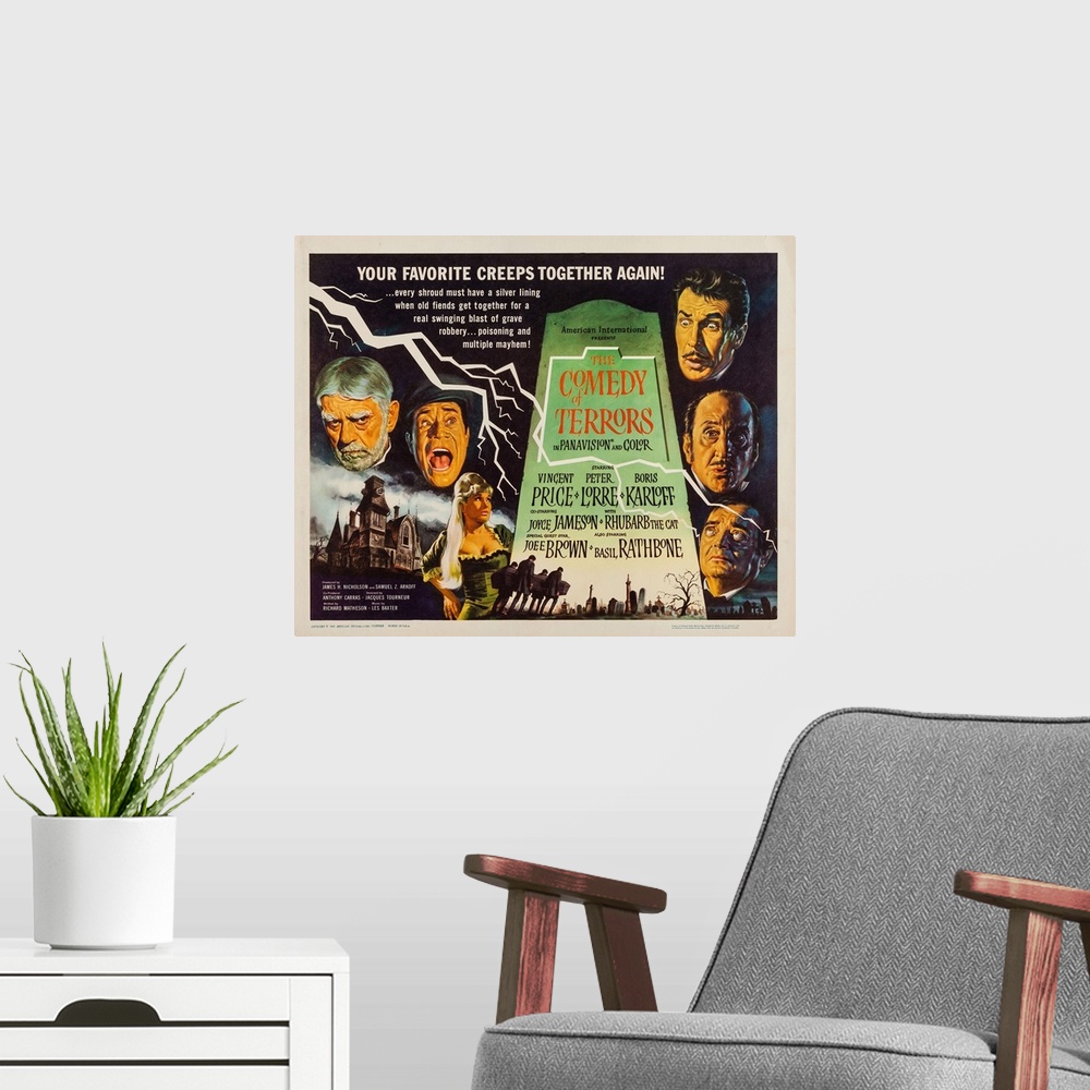 A modern room featuring The Comedy Of Terrors, US Poster Art, Clockwise From Left: Boris Karloff, Joe E. Brown, Joyce Jam...